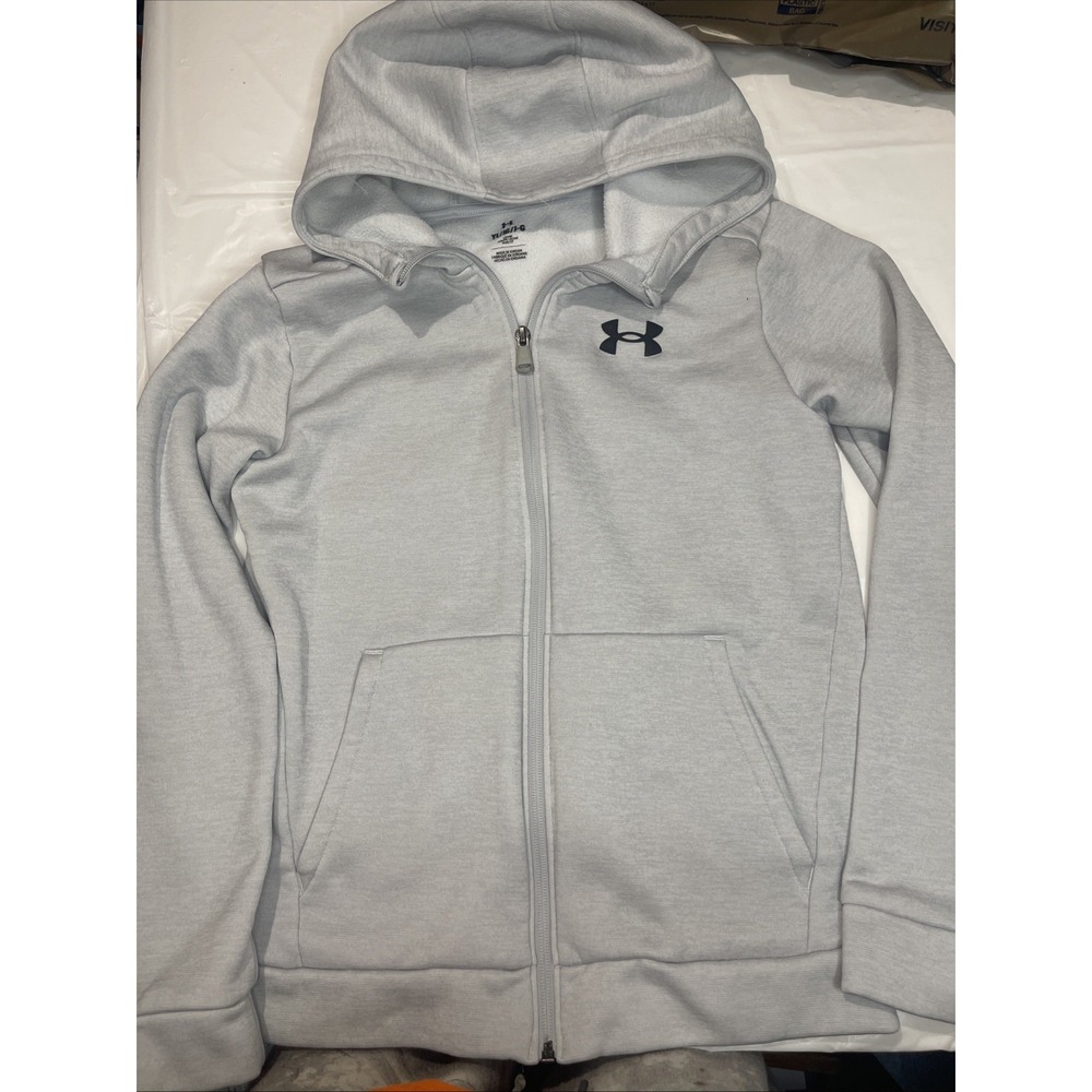 Under Armor Youth Large Gray Zipper Front Hoodie With Black Logo